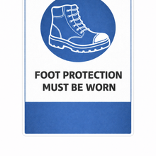 Load image into Gallery viewer, Safety sign with a boot icon and text 'Foot protection must be worn' on a white background.
