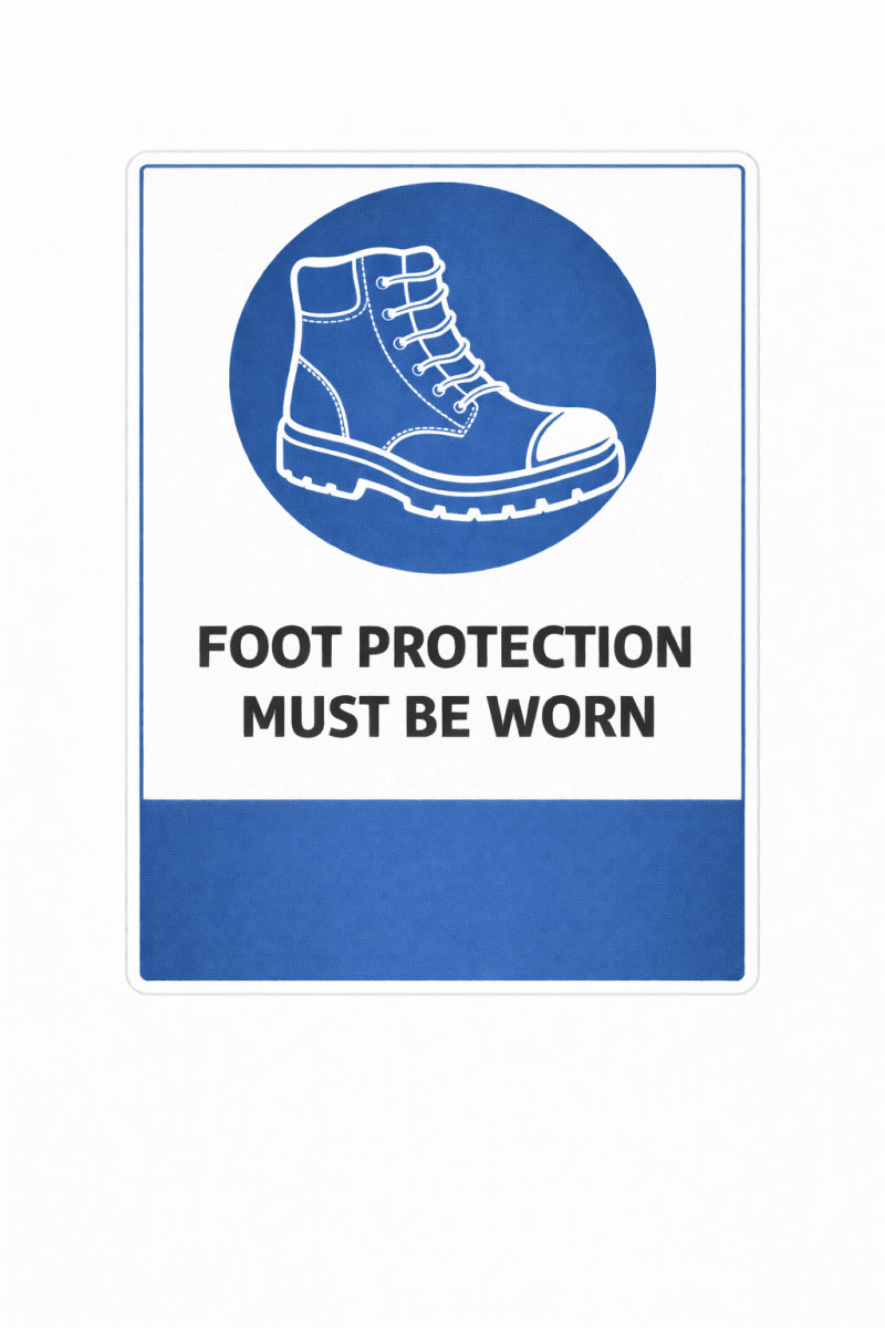 Safety sign with a boot icon and text 'Foot protection must be worn' on a white background.