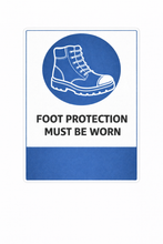 Load image into Gallery viewer, Safety sign with a boot icon and text 'Foot protection must be worn' on a white background.

