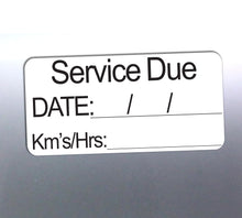 Load image into Gallery viewer, Service due label with fields for date and kilometers on a metallic background
