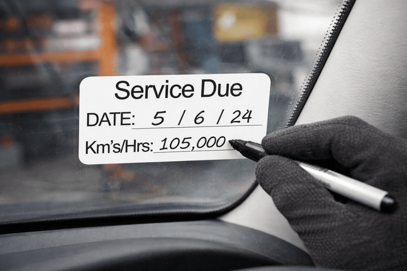 Hand writing on a car window with a service due date label.