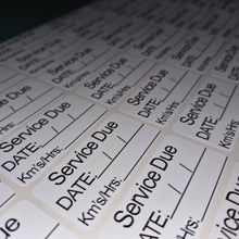 Load image into Gallery viewer, Sheet of pre-printed labels with 'Service Due' text on a white background
