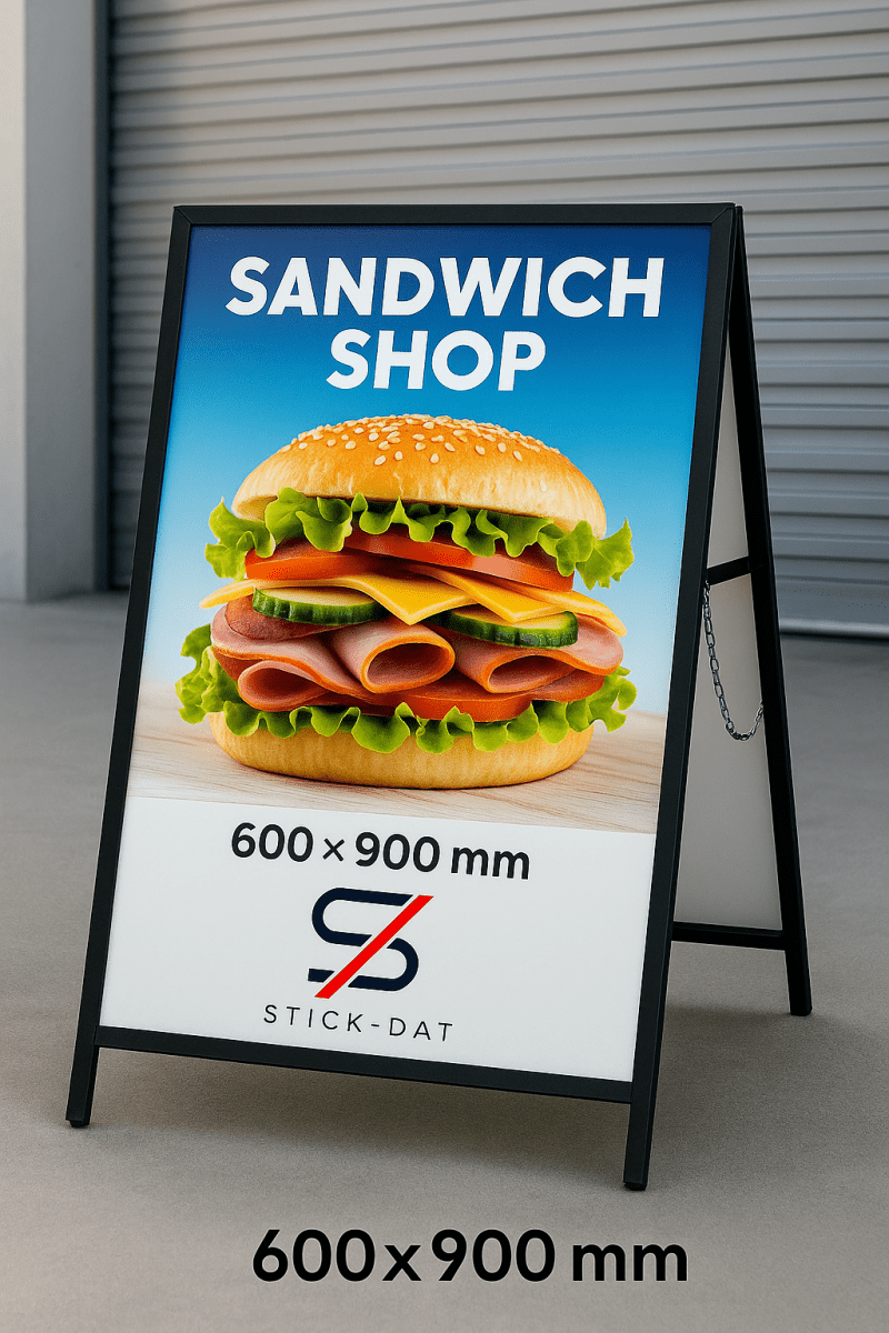 Outdoor sign for a sandwich shop with a large burger graphic and Stick-Dat branding.
