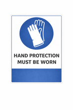 Load image into Gallery viewer, Sign with a glove icon and text 'Hand protection must be worn' on a white background

