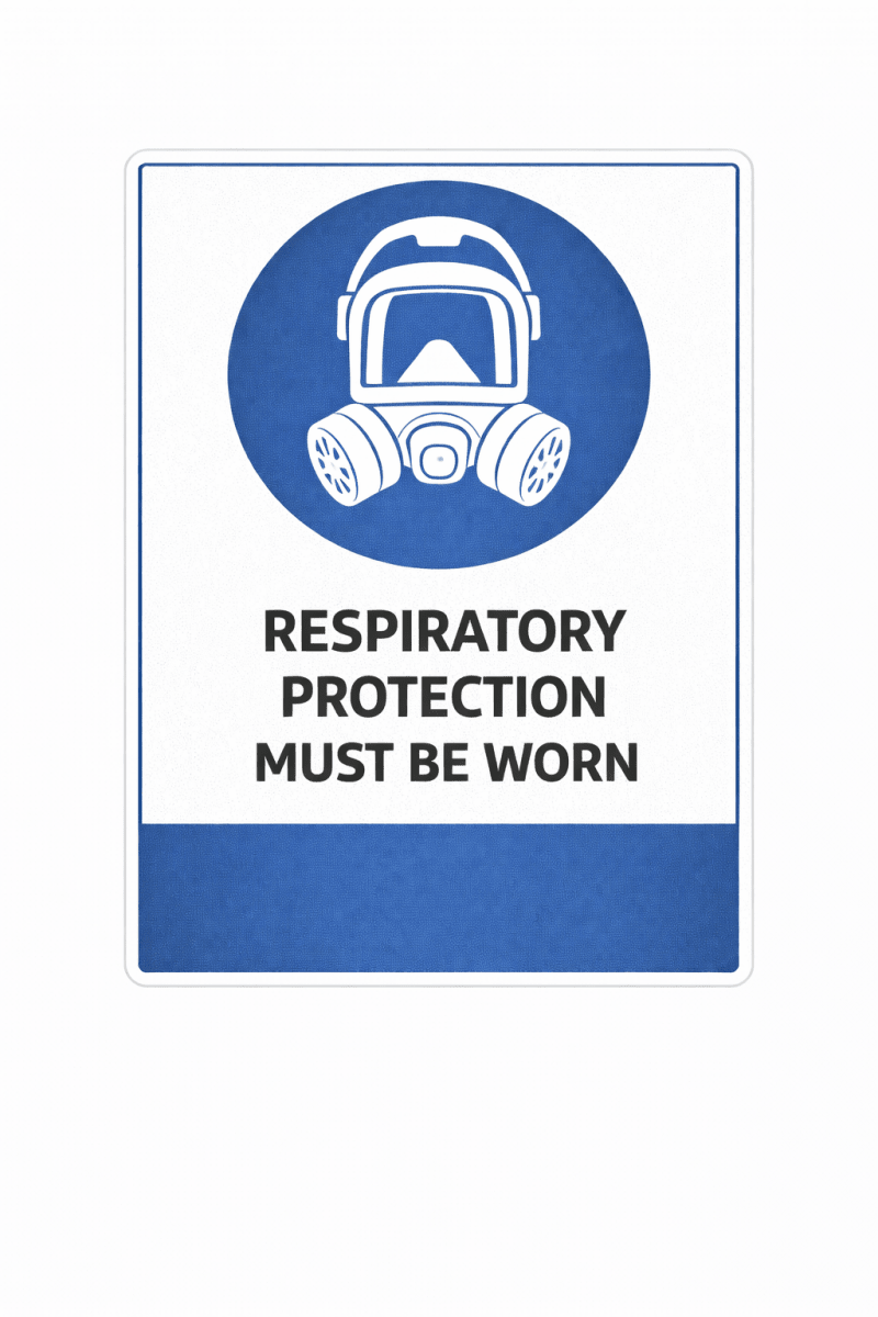 Sign with respiratory protection symbol and text on a white background