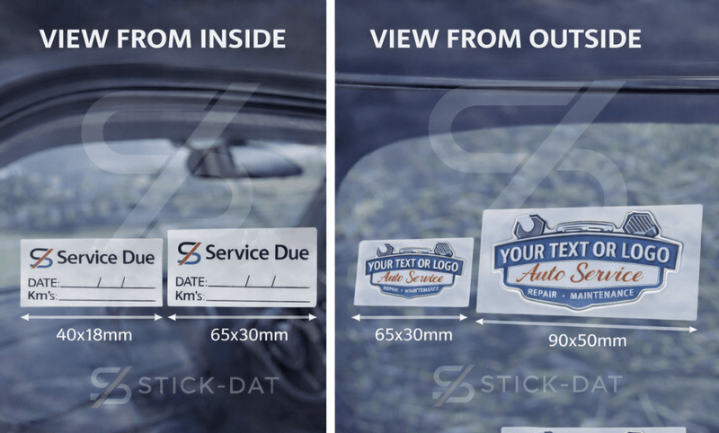 Comparison of two car window stickers with text and dimensions shown from inside and outside a vehicle.