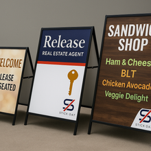Load image into Gallery viewer, Set of sandwich shop and real estate agent a-frame signs on a neutral background
