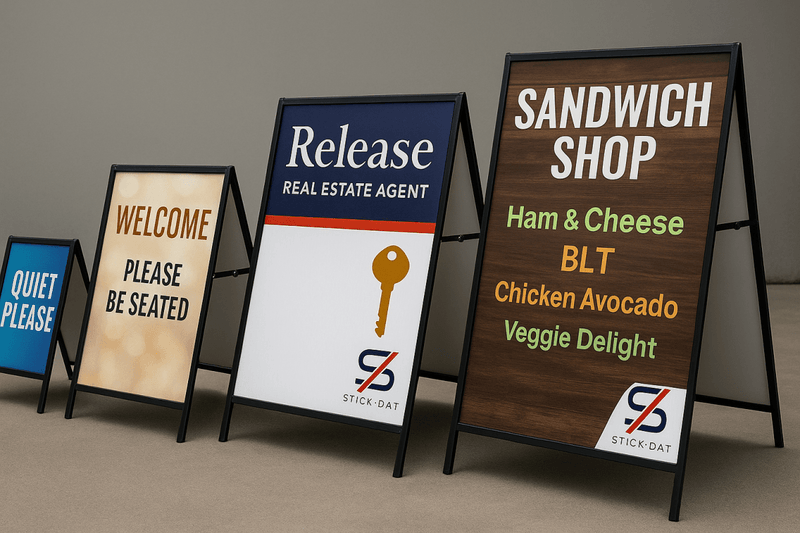 Set of sandwich shop and real estate agent a-frame signs on a neutral background