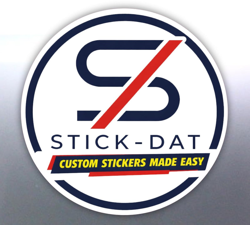 Logo of Stick-Dat with text 'Custom Stickers Made Easy' on a gray background