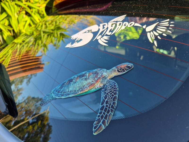 Car window with a turtle and bird decal on a reflective surface