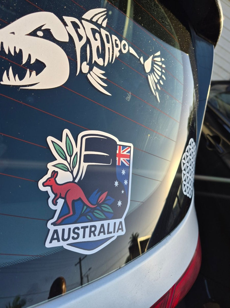 Ned Kelly Car window with a kangaroo and emu decal on the left and an Australia decal on the right.