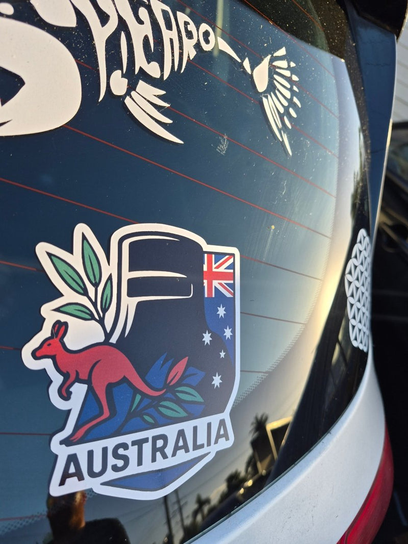 Ned Kelly Car window with a decal of an Australian flag and kangaroo design.