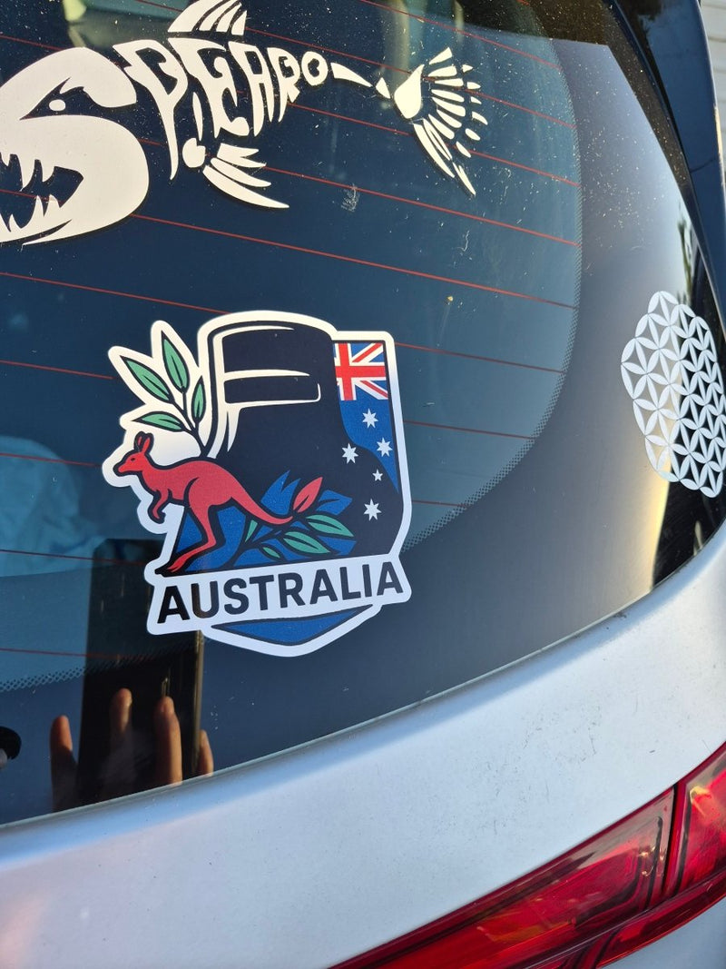 Ned Kelly Car window with Australian-themed decal featuring a kangaroo and Aboriginal design.