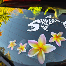 Load image into Gallery viewer, Car window with a yellow frangipani decal and tropical flowers
