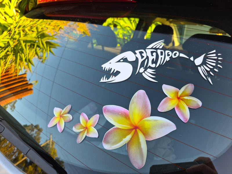 Car window with a yellow frangipani decal and tropical flowers