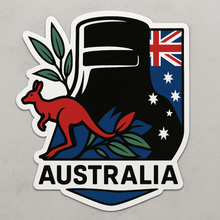 Load image into Gallery viewer, Sticker with a welding helmet, kangaroo, and Australian flag on a gray background
