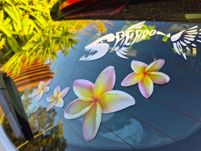 Floral yellow frangipani decals on a car window with a scenic background