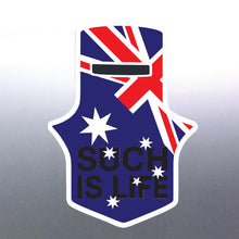 Load image into Gallery viewer, Sticker with Australian flag and 'Such is Life' text on a reflective surface
