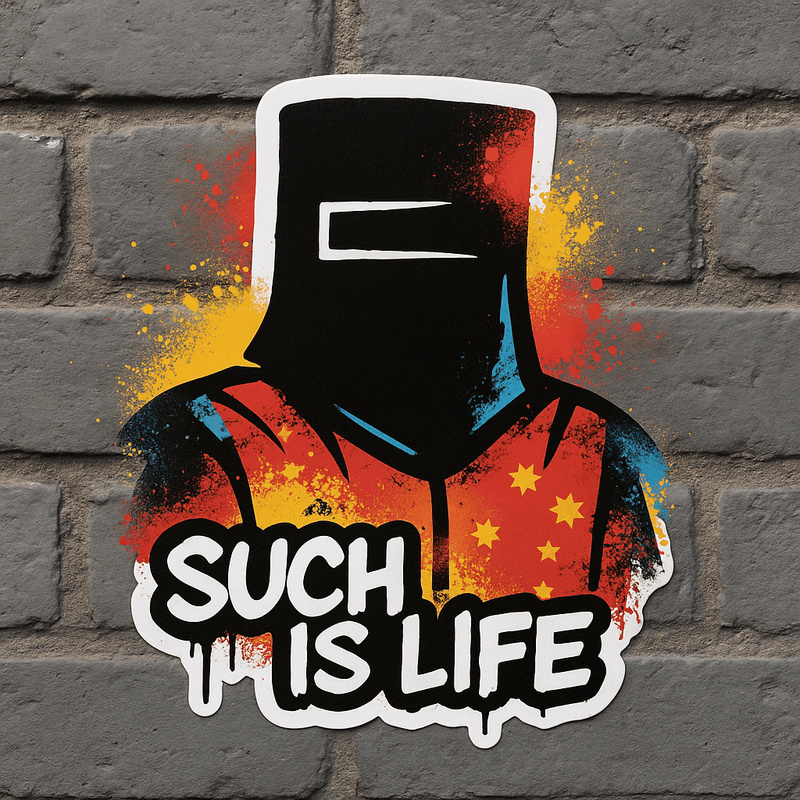 Sticker with a stylized face and 'Such Is Life' text on a brick wall background