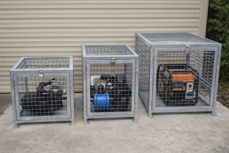 Three metal cages with generators inside against a wall.