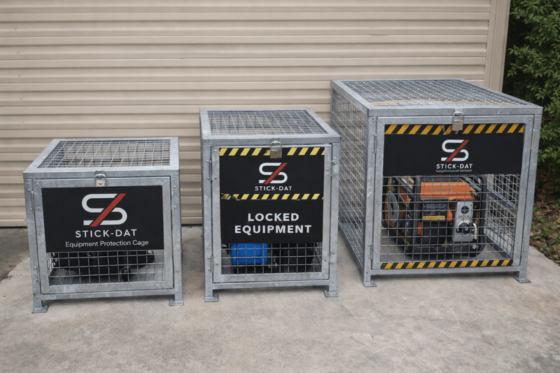 Three metal equipment cages with 'Stick-Dat' branding on a concrete surface.