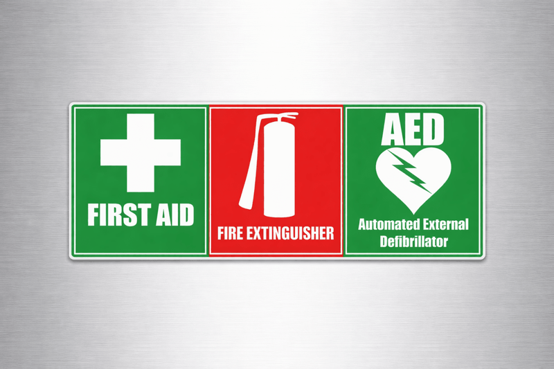 Three safety decals all in one for first aid, fire extinguisher, and AED on a gray background