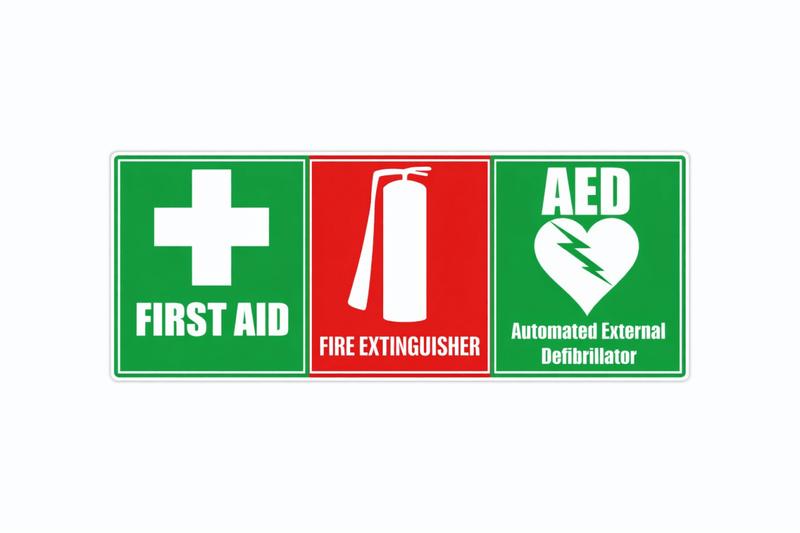 Signage for first aid, fire extinguisher, and AED on a white background
