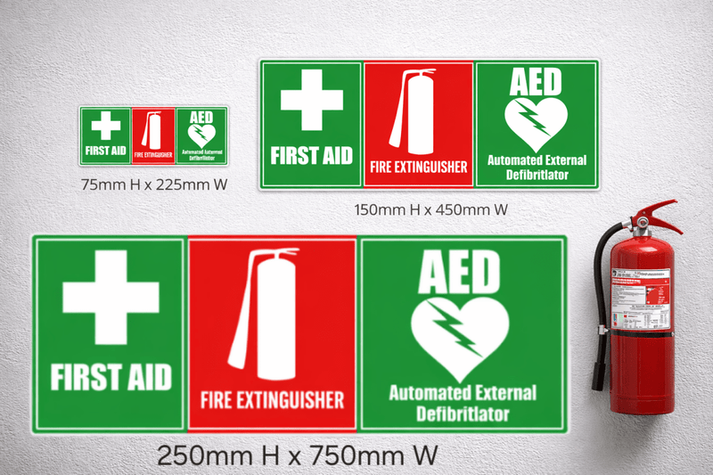 Set of safety signs for first aid, fire extinguisher, and AED on a white background with a fire extinguisher.