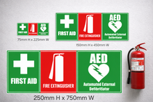 Load image into Gallery viewer, Set of safety signs for first aid, fire extinguisher, and AED on a white background with a fire extinguisher.
