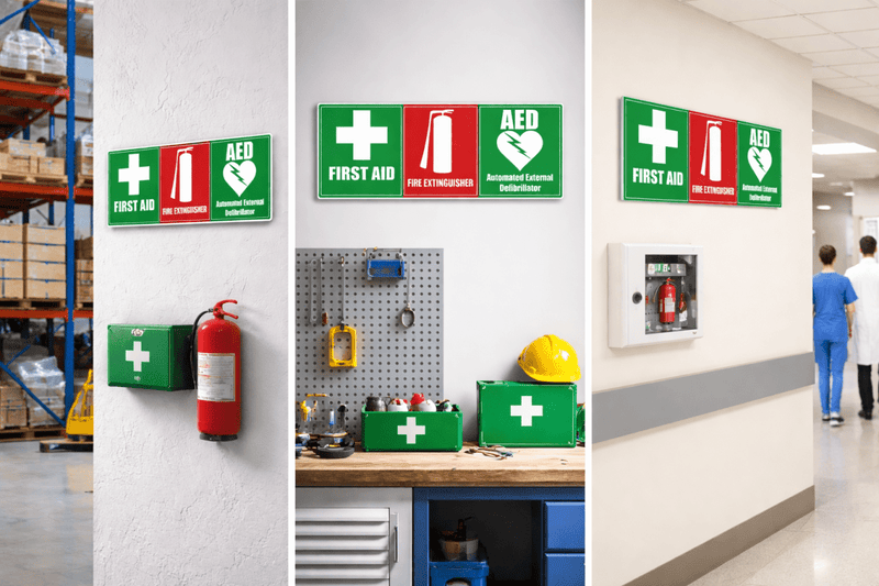 First aid kits and safety signs in various settings including a warehouse, workshop, and medical facility.