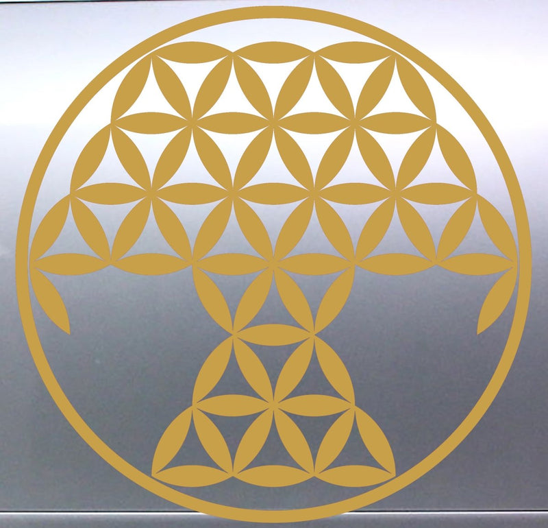 Tree Of Life Gold geometric flower of life symbol on a reflective silver surface