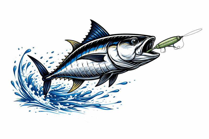 Illustration of a tuna fish sticker with a hook in its mouth on a white background