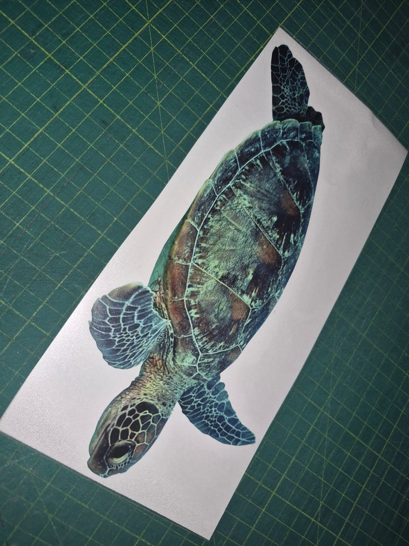 Turtle decal on a white sheet of paper with a green cutting mat background