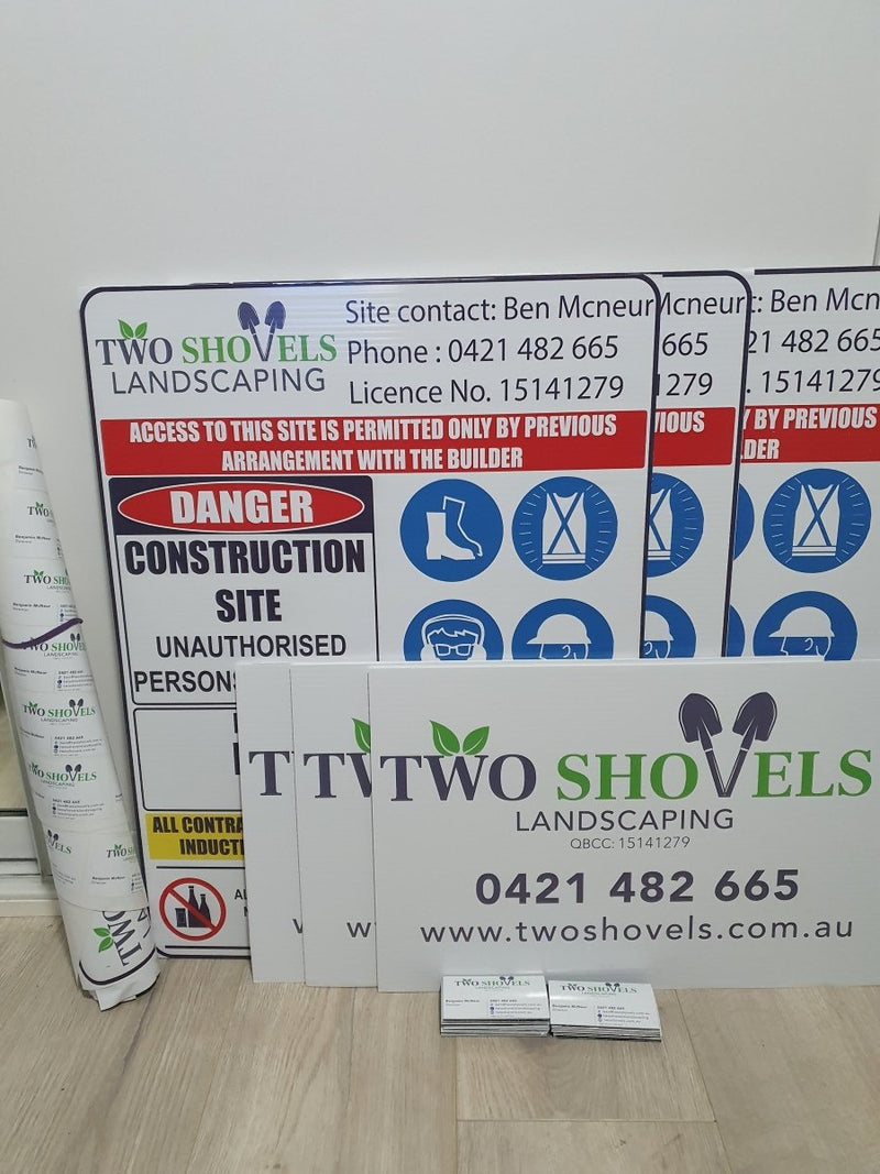 Two shovels corflute signage (Proof of concept with the customer using the decals purchased)