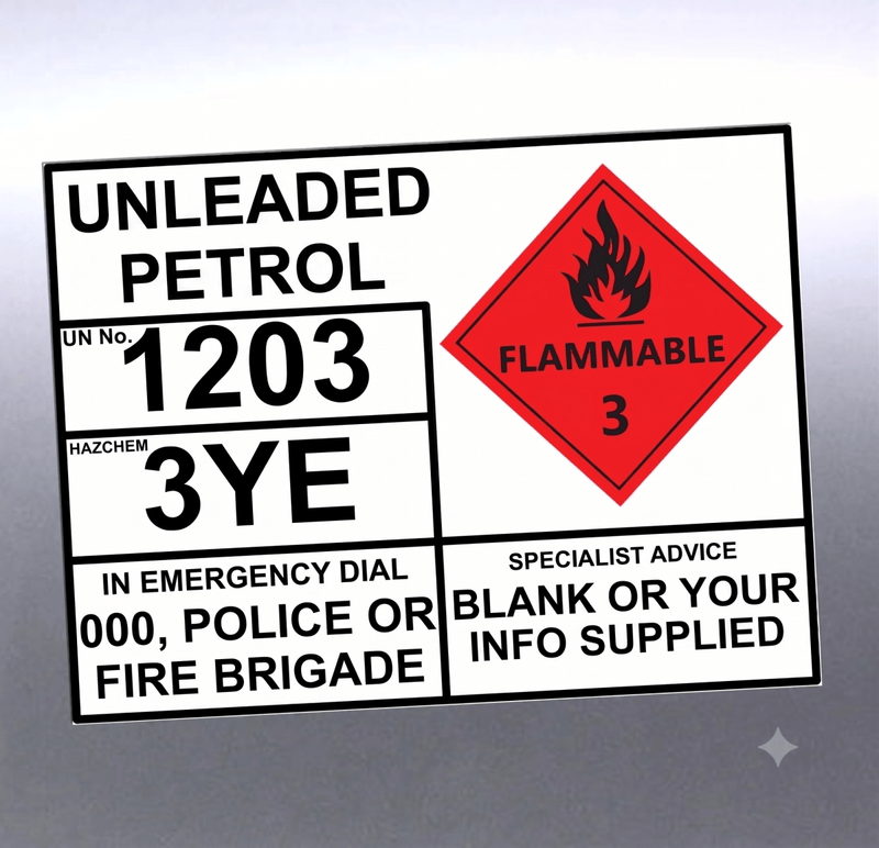 Unleaded Petrol UN 1203 Hazchem EIP Sticker Sign – Tank Identification Label