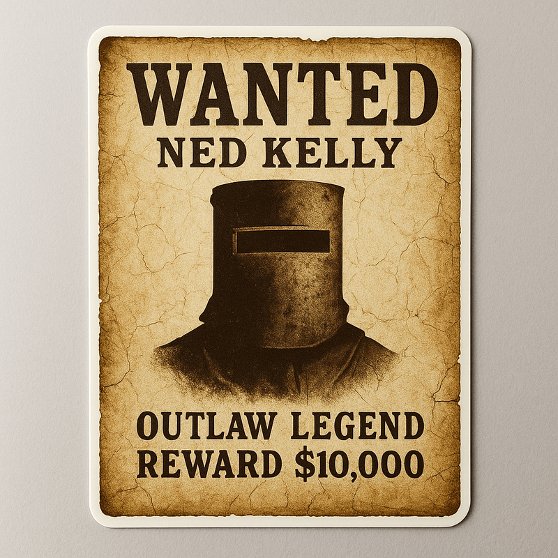Vintage 'Wanted' poster for Ned Kelly on a beige background