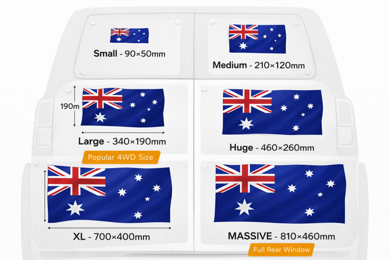 Chart showing different sizes of Australian flags with measurements.