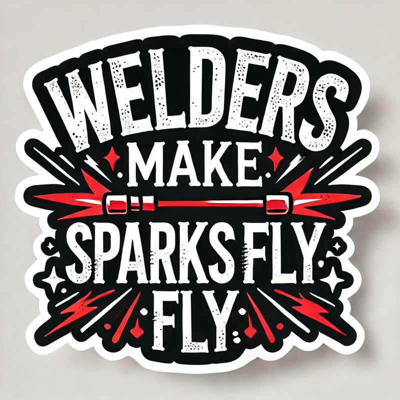 A vinyl sticker with the phrase 'Welders Make Sparks Fly' and a graphic of a welding helmet with sparks flying out of it, in a black, white, and red color scheme.