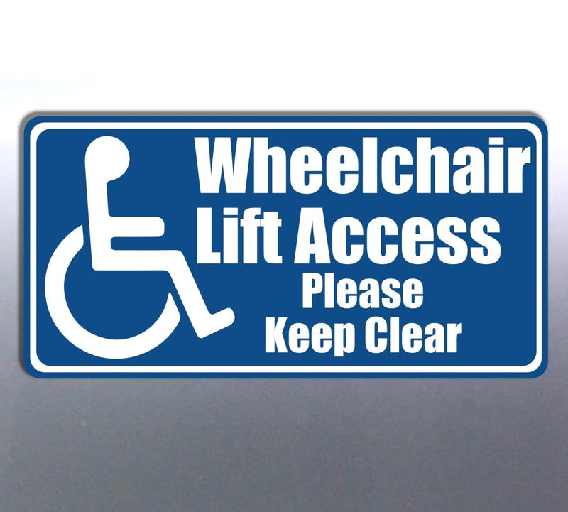 Blue sign with white text and wheelchair icon indicating wheelchair lift access.