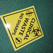 Load image into Gallery viewer, "Yellow clinical waste  no sharps " warning sign decal with black text and symbols on a green grid background
