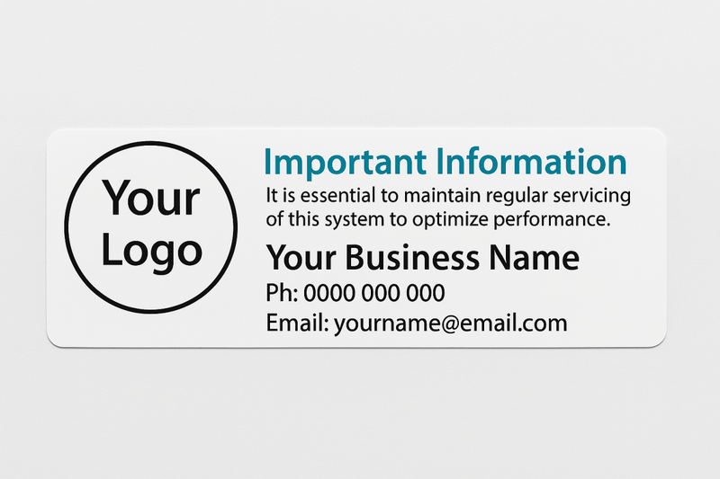 Placeholder business card Stickers with customizable text and logo on a light gray background