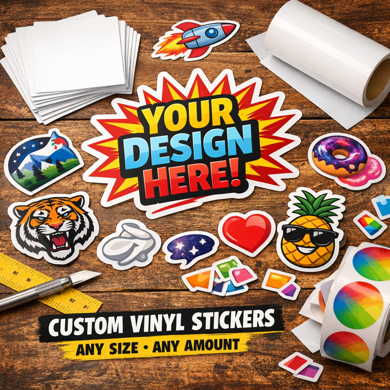 Collection of custom vinyl stickers with design tools on a wooden surface