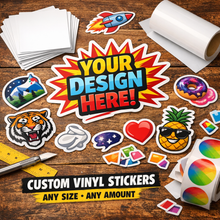 Load image into Gallery viewer, Collection of custom vinyl stickers with design tools on a wooden surface
