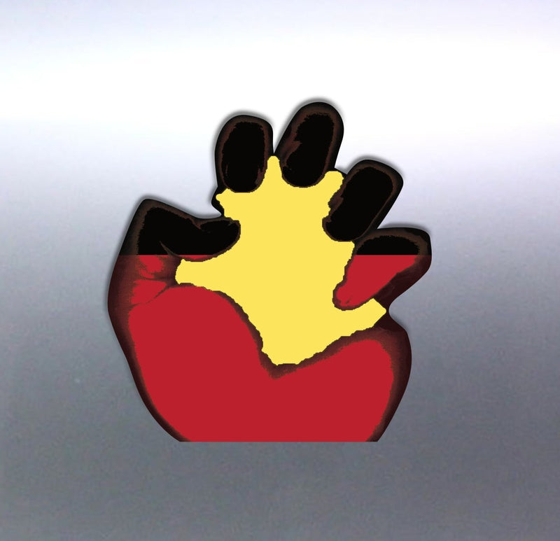 A aboriginal vinyl sticker featuring a black fist flag design with a yellow sun in the center Decal on a silver car door