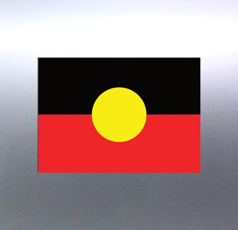 A rectangular vinyl sticker featuring the Aboriginal flag colors and design Decal on a silver car door