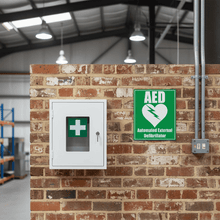 Load image into Gallery viewer, AED Plastic Sign Green Warehouse
