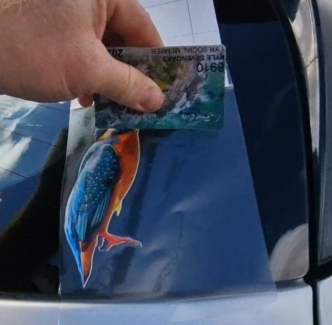 Hand holding a card with a colorful bird kingfisher Sticker above a car window.