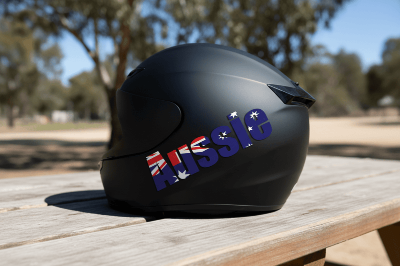 Aussie sticker on motorcycle helmet