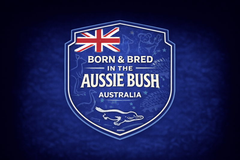 Logo with Australian flag and text 'Born & Bred in the Aussie Bush Australia' on a dark blue background.