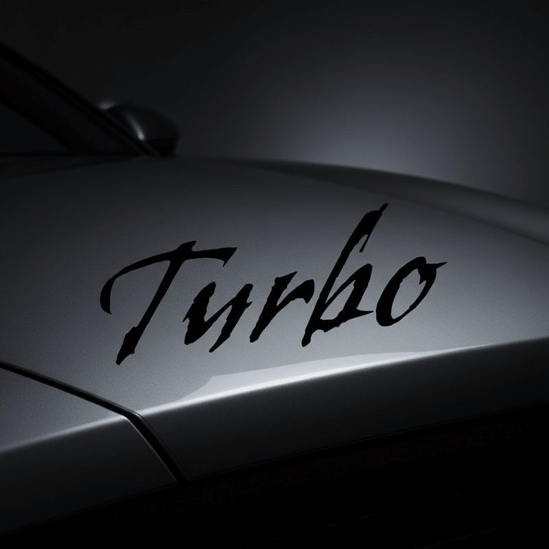 Black Gothic Turbo sticker on dark charcoal panel
